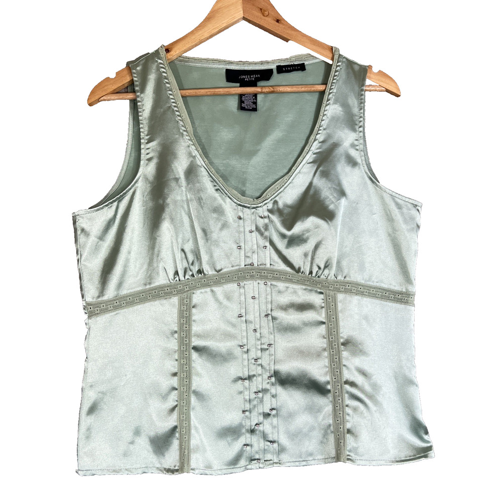 Satin Babydoll Tank Women 14P Pale Green Lace Bead Bling Fairy Coquette Romantic